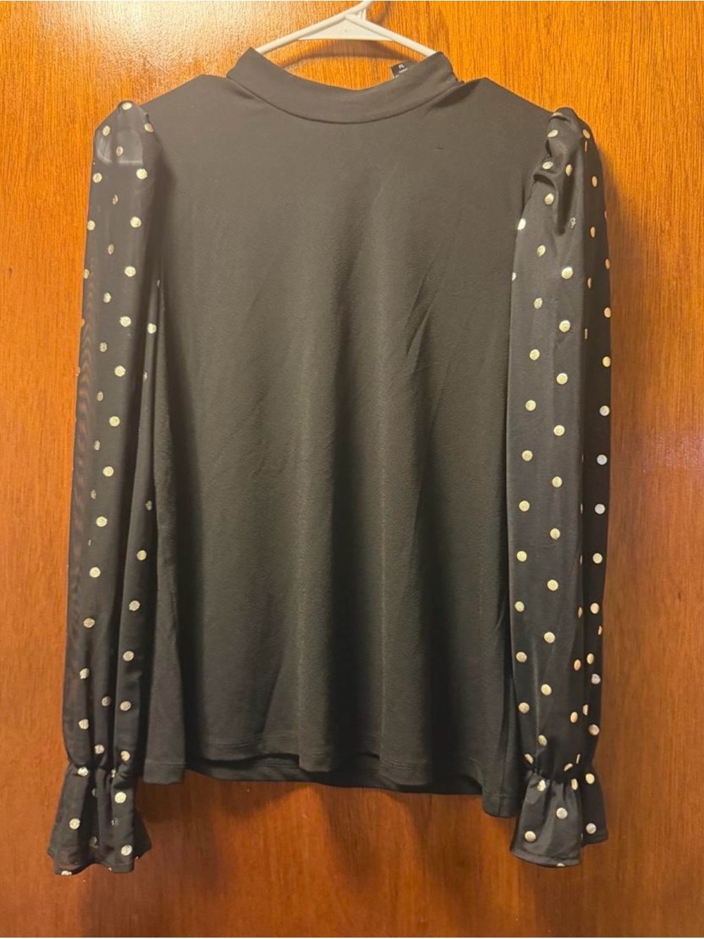 Madison Black Mock Neck Top with Polka Dot Sheer Sleeves